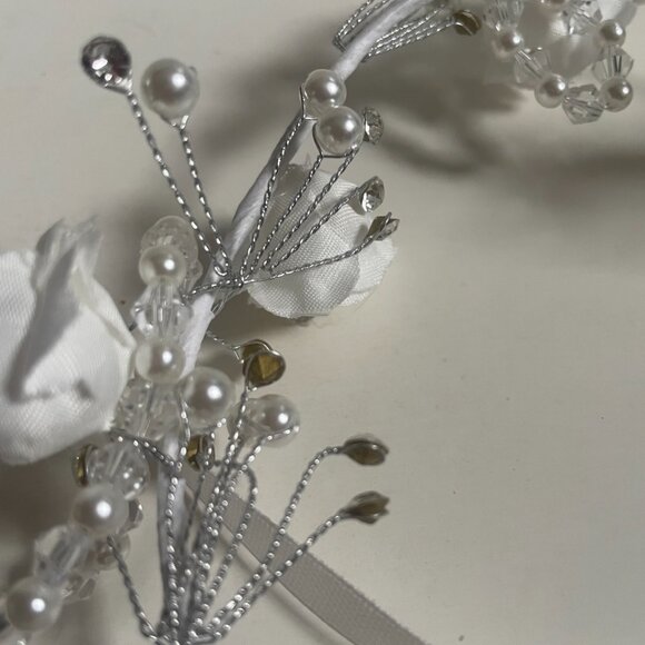 White Floral Pearl & Crystal Headband Crown - Picture 6 of 8
